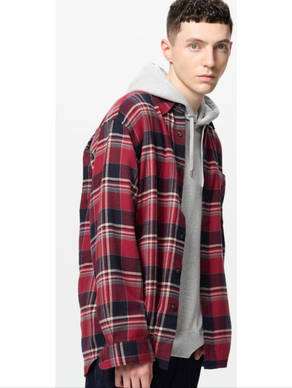 Uniqlo Cotton Flannel Checked Plaid Long Sleeve Button Down Shirt Red Navy Large